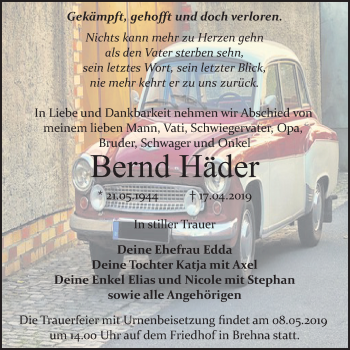 Traueranzeige von Bernd Häder von Mitteldeutsche Zeitung Bitterfeld