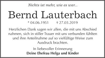 Traueranzeige von Bernd Lauterbach von WVG - Wochenspiegel Merseburg