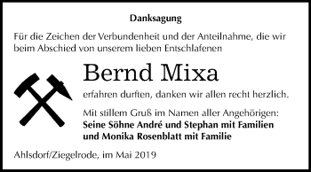 Traueranzeige von Bernd Mixa von Mitteldeutsche Zeitung Mansfelder Land