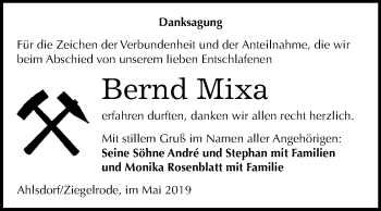 Traueranzeige von Bernd Mixa von Wochenspiegel Mansfelder Land