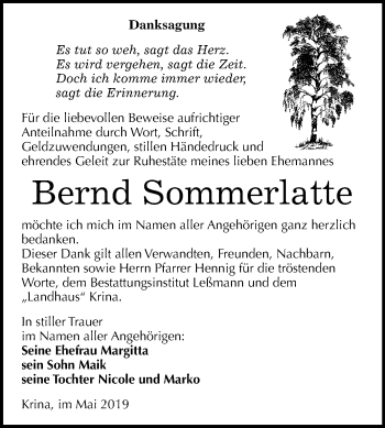 Traueranzeige von Bernd Sommerlatte von Mitteldeutsche Zeitung Bitterfeld