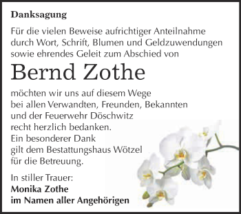 Traueranzeige von Bernd Zothe von WVG - Wochenspiegel NMB / WSF / ZTZ