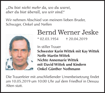Traueranzeige von Bernd Werner Jeske von WVG - Wochenspiegel Dessau / Köthen