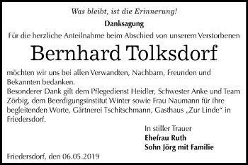 Traueranzeige von Bernhard Tolksdorf von Mitteldeutsche Zeitung