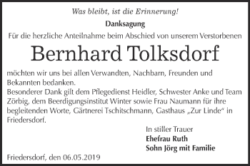 Traueranzeige von Bernhard Tolksdorf von WVG - Wochenspiegel Bitterfeld
