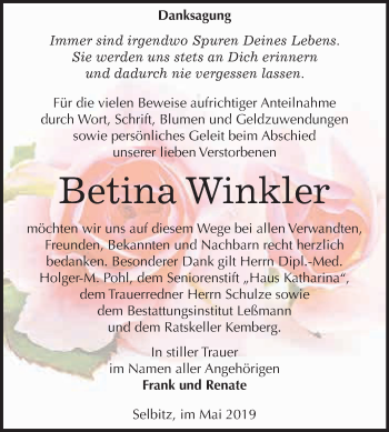 Traueranzeige von Betina Winkler von WVG - Wochenspiegel Wittenberg