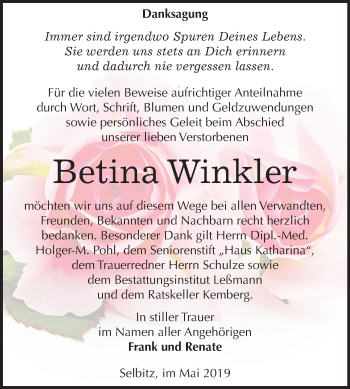 Traueranzeige von Betina Winkler von Mitteldeutsche Zeitung