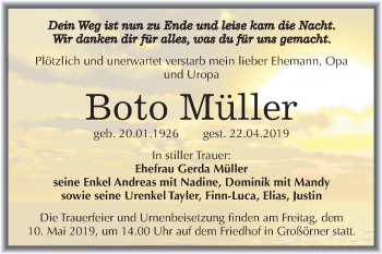 Traueranzeige von Boto Müller von Mitteldeutsche Zeitung Mansfelder Land