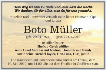 Traueranzeige von Boto Müller von Super Sonntag SGH Mansf. Land