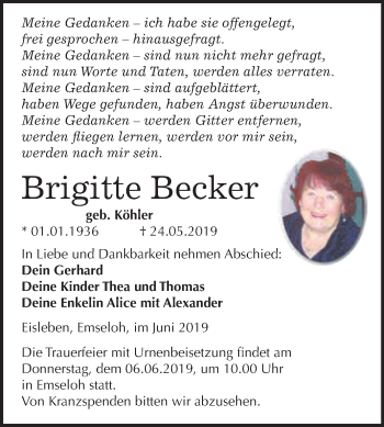 Traueranzeige von Brigitte Becker von Super Sonntag SGH Mansf. Land