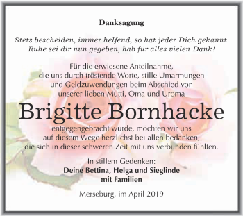 Traueranzeige von Brigitte Bornhacke von Super Sonntag Merseburg