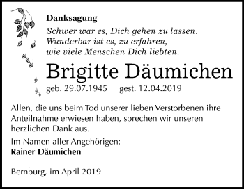 Traueranzeige von Brigitte Däumichen von Mitteldeutsche Zeitung Bernburg
