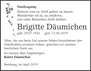 Traueranzeige von Brigitte Däumichen von Super Sonntag Bernburg