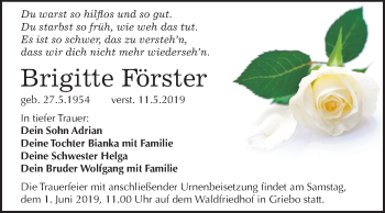 Traueranzeige von Brigitte Förster von Mitteldeutsche Zeitung