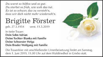 Traueranzeige von Brigitte Förster von Super Sonntag Wittenberg