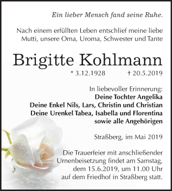 Traueranzeige von Brigitte Kohlmann von WVG - Wochenspiegel Quedlinburg