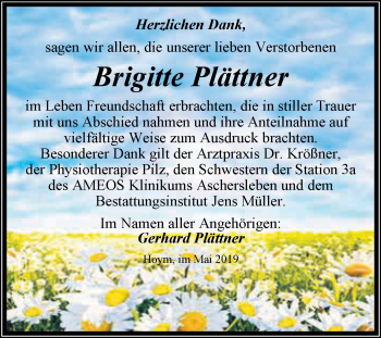 Traueranzeige von Brigitte Plättner von Super Sonntag Aschersleben