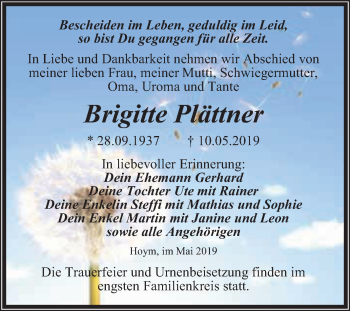 Traueranzeige von Brigitte Plättner von Super Sonntag Aschersleben