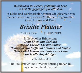 Traueranzeige von Brigitte Plättner von Mitteldeutsche Zeitung
