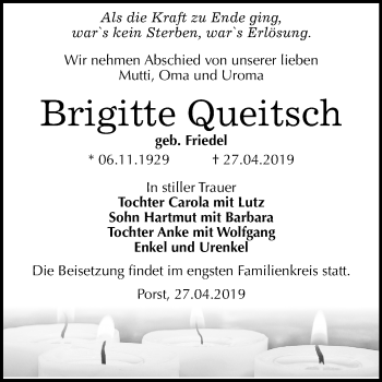 Traueranzeige von Brigitte Queitsch von Mitteldeutsche Zeitung Köthen