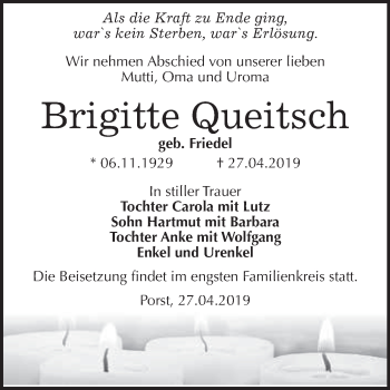 Traueranzeige von Brigitte Queitsch von WVG - Wochenspiegel Dessau / Köthen