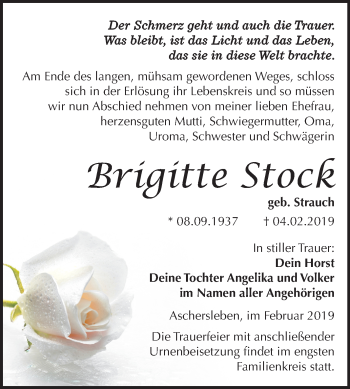 Traueranzeige von Brigitte Stock von Mitteldeutsche Zeitung Aschersleben
