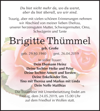 Traueranzeige von Brigitte Thümmel von Mitteldeutsche Zeitung Bitterfeld