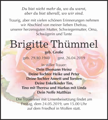 Traueranzeige von Brigitte Thümmel von WVG - Wochenspiegel Bitterfeld
