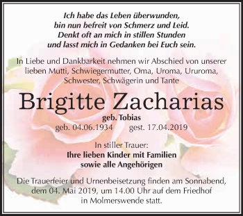 Traueranzeige von Brigitte Zacharias von WVG - Wochenspiegel Quedlinburg
