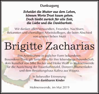 Traueranzeige von Brigitte Zacharias von WVG - Wochenspiegel Quedlinburg