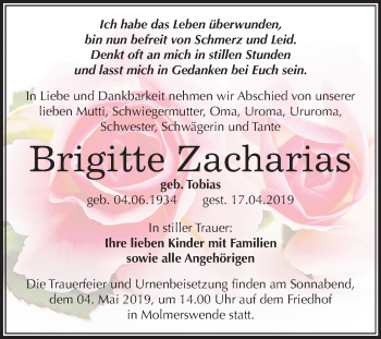 Traueranzeige von Brigitte Zacharias von Mitteldeutsche Zeitung Mansfelder Land