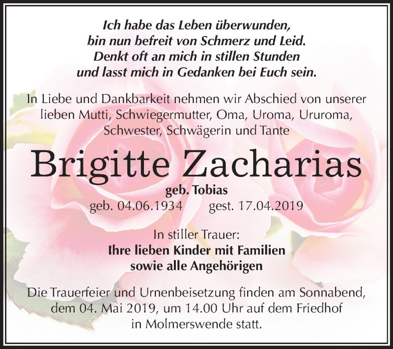 Traueranzeige für Brigitte Zacharias vom 02.05.2019 aus Mitteldeutsche Zeitung Quedlinburg
