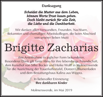 Traueranzeige von Brigitte Zacharias von Mitteldeutsche Zeitung Quedlinburg