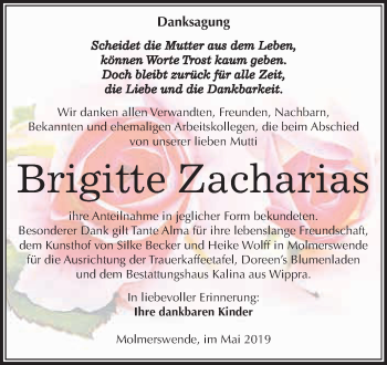 Traueranzeige von Brigitte Zacharias von Super Sonntag SGH Mansf. Land
