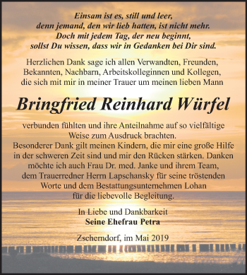 Traueranzeige von Bringfried Reinhard Würfel von Mitteldeutsche Zeitung Bitterfeld