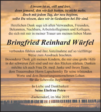 Traueranzeige von Bringfried Reinhard Würfel von WVG - Wochenspiegel Bitterfeld