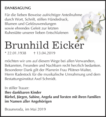 Traueranzeige von Brunhild Eicker von WVG - Wochenspiegel NMB / WSF / ZTZ