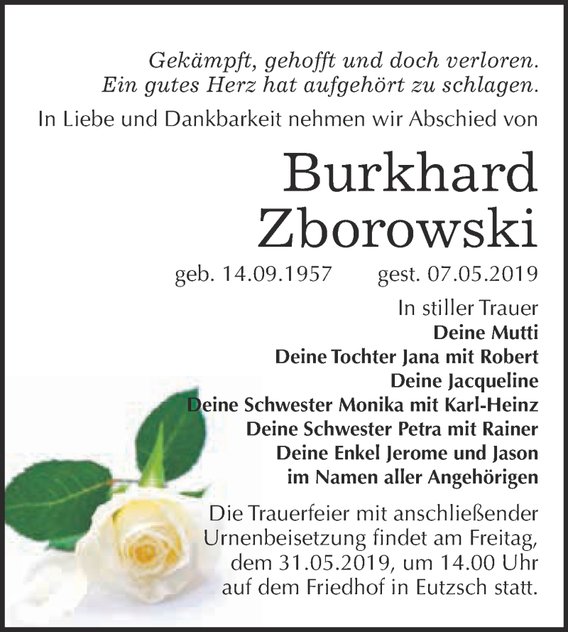  Traueranzeige für Burkhard Zborowski vom 13.05.2019 aus WVG - Wochenspiegel Wittenberg