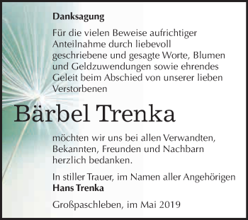 Traueranzeige von Bärbel Trenka von WVG - Wochenspiegel Dessau / Köthen