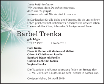 Traueranzeige von Bärbel Trenka von Mitteldeutsche Zeitung Köthen