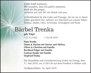 Traueranzeige von Bärbel Trenka von WVG - Wochenspiegel Dessau / Köthen