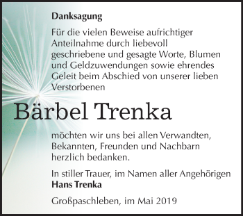 Traueranzeige von Bärbel Trenka von Mitteldeutsche Zeitung Köthen