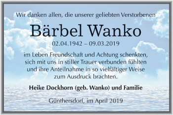 Traueranzeige von Bärbel Wanko von Mitteldeutsche Zeitung Merseburg/Querfurt