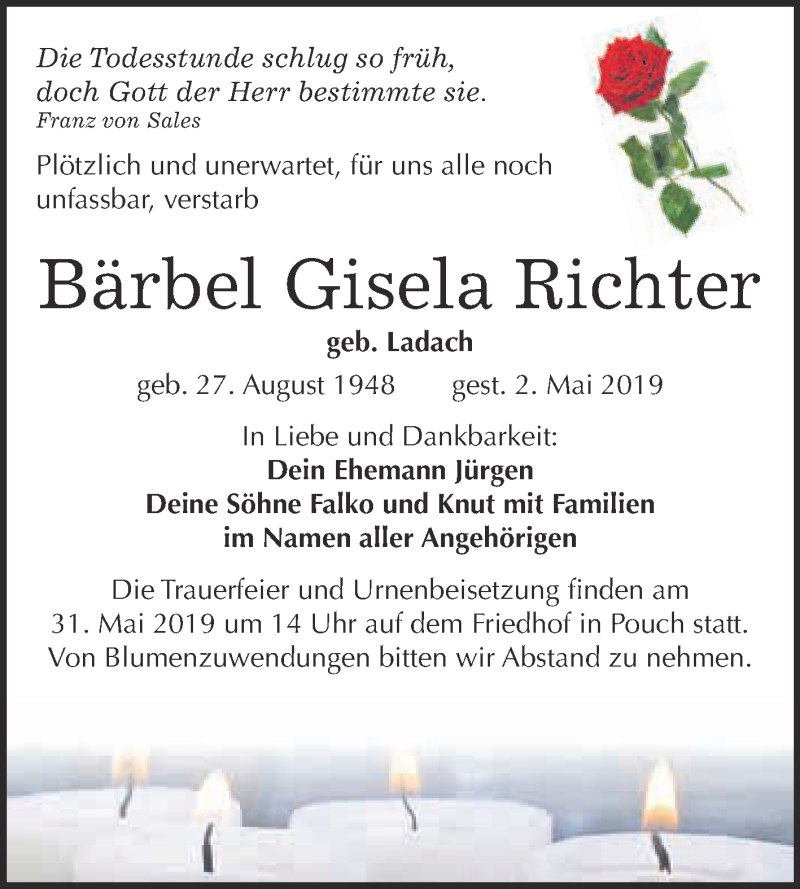 Traueranzeige für Bärbel Gisela Richter vom 20.05.2019 aus WVG - Wochenspiegel Bitterfeld