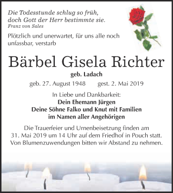 Traueranzeige von Bärbel Gisela Richter von WVG - Wochenspiegel Bitterfeld