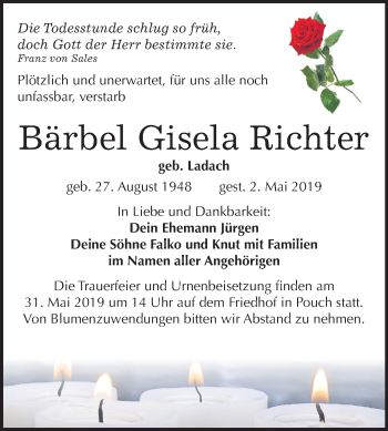 Traueranzeige von Bärbel Gisela Richter von Mitteldeutsche Zeitung