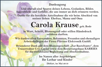 Traueranzeige von Carola Krause von WVG - Wochenspiegel Quedlinburg