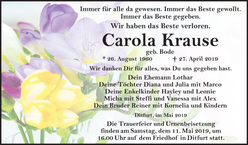  Traueranzeige für Carola Krause vom 04.05.2019 aus Mitteldeutsche Zeitung Quedlinburg
