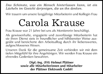 Traueranzeige von Carola Krause von Mitteldeutsche Zeitung Quedlinburg