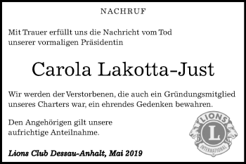 Traueranzeige von Carola Lakotta-Just von Mitteldeutsche Zeitung Dessau-Roßlau
